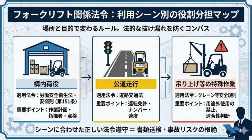 フォークリフト安全衛生規則_フォークリフト関係法令一覧の見方｜労働安全衛生法・安衛則・道路交通法の役割分担を理解