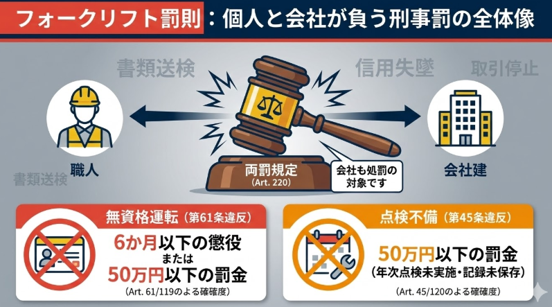 フォークリフト安全衛生規則_フォークリフト労働安全衛生法と罰則とは？無資格運転や点検義務違反を3分で整理