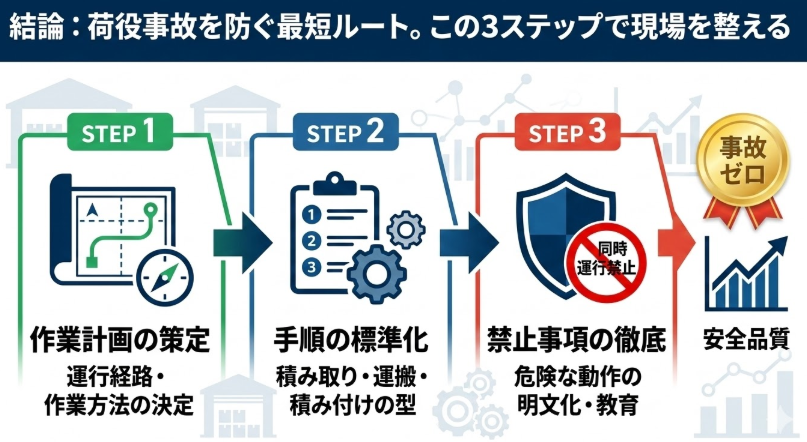 フォークリフトの荷役作業手順_先に結論:フォークリフトの荷役は「作業計画→手順→禁止事項」の順で整えると事故が減る