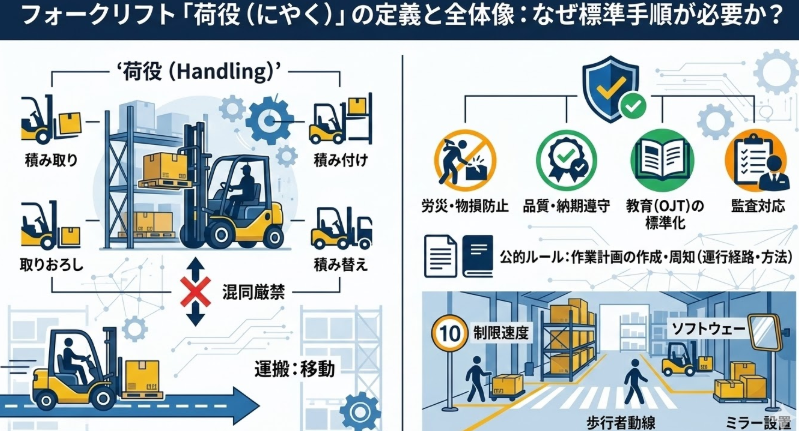フォークリフトの荷役作業手順_フォークリフトの荷役とは?定義・全体像、荷役作業手順が必要な理由を解説(作業計画・教育・監査)