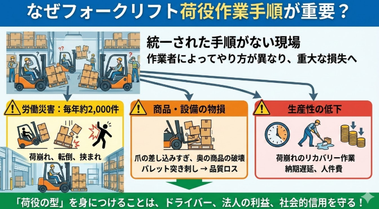 フォークリフトの荷役作業手順_なぜフォークリフト 荷役作業手順が重要?(労災・物損・品質ロス・納期遅延)