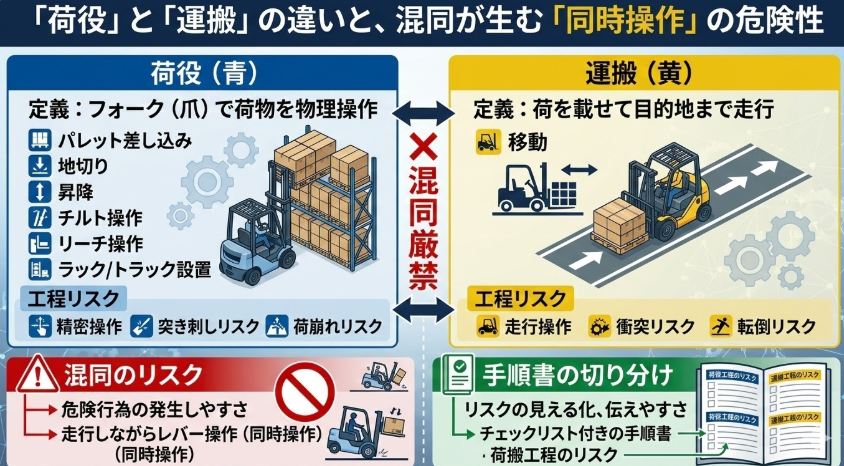 フォークリフトの荷役作業手順_荷役=積み取り・積み付け・取りおろし等/運搬=移動(現場で混同しない)