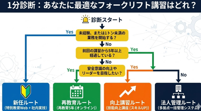 フォークリフトオンライン講習_【1分診断】最適なフォークリフトオンライン講習を確認！特別教育・再教育・技能向上講座、どれ？