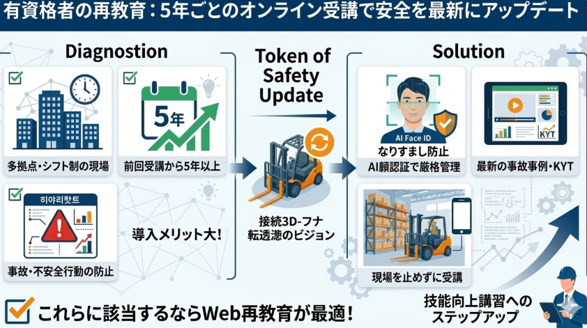 フォークリフトオンライン講習_有資格者向け診断結果｜フォークリフト再教育（5年）を効率化するオンライン受講