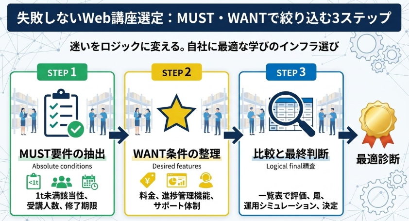 フォークリフト特別教育Web講座_【手順】自社に合うフォークリフト特別教育Webの選定方法|MUST・WANTで最適な講座を絞るコツ