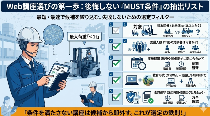 フォークリフト特別教育Web講座_MUST要件の抽出|受講人数・期間・フォークリフト1トン未満特別教育の該当性
