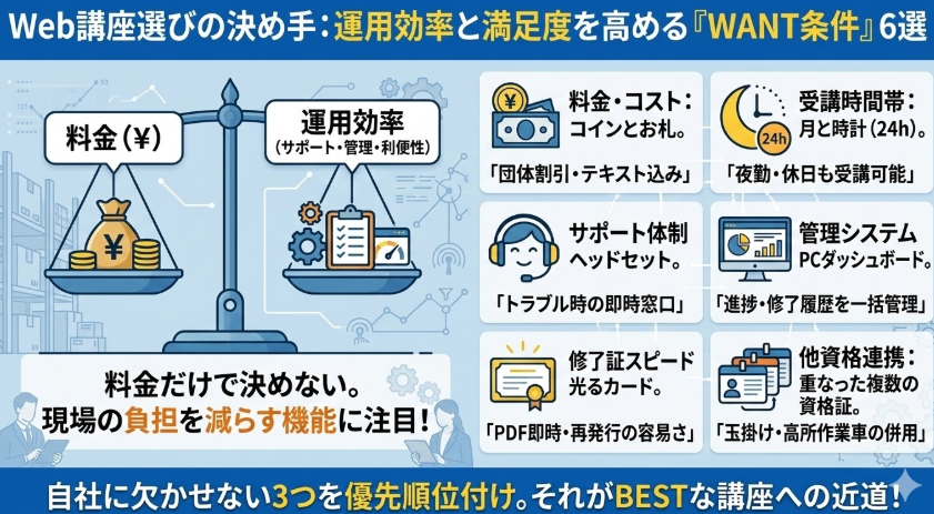 フォークリフト特別教育Web講座_WANT条件の整理|フォークリフト特別教育料金・サポート・進捗管理の優先順位