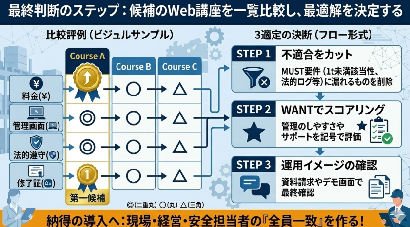 フォークリフト特別教育Web講座_比較のステップ|候補のフォークリフトオンライン講習を一覧で比べる最終判断の手順