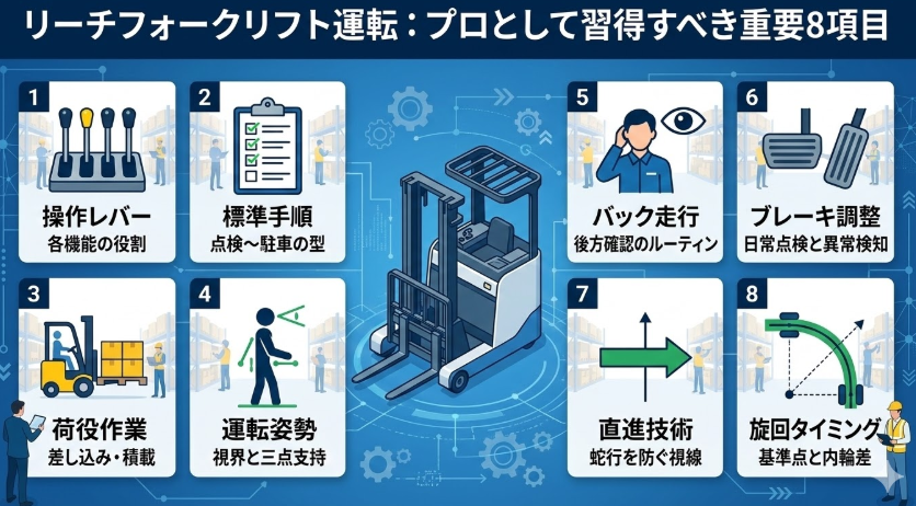 リーチフォークリフト運転マニュアル_重要8項目の要点とは?操作レバー/操作手順/荷役作業手順/運転姿勢/バック走行/ブレーキ調整/まっすぐ/曲がるタイミングについて