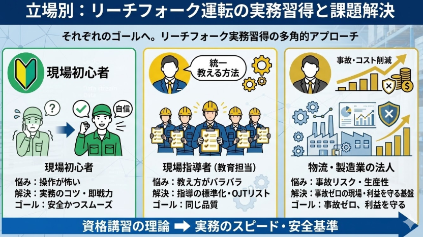 リーチフォークリフト運転マニュアル_現場初心者・指導者・従業員に資格を取らせたい法人?あなたの状況に合わせた重要ポイントを解説