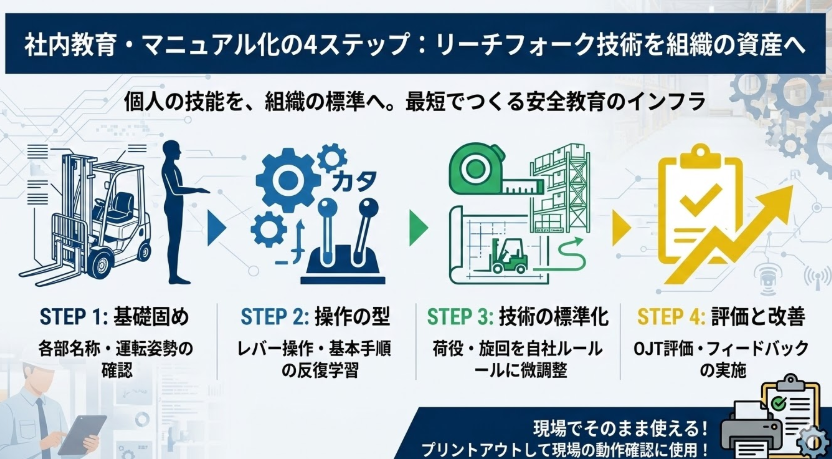 リーチフォークリフト運転マニュアル_最短でリーチフォークリフトの運転方法を社内マニュアル・OJTチェックリストにする手順!