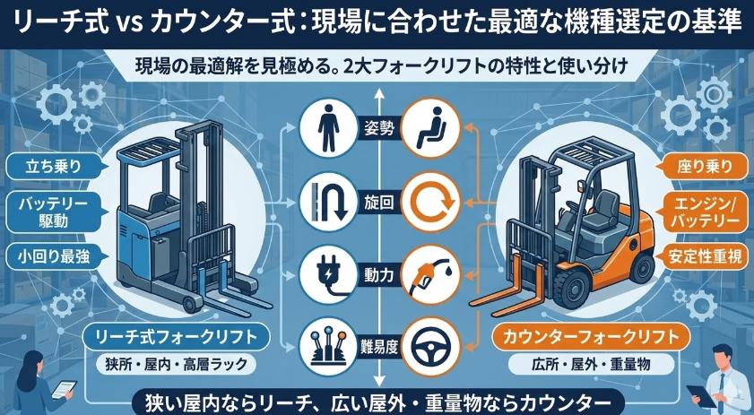 リーチフォークリフト運転マニュアル_【比較表】リーチフォークリフトとは?カウンター式との違い・特徴・メリットの把握で運転方法を習得しよう