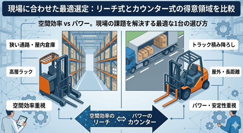 リーチフォークリフト運転マニュアル_選び方のポイント:リーチ式・カウンター式が向く現場・向かない現場比較とは