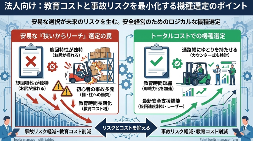 リーチフォークリフト運転マニュアル_法人向け:教育コストと事故リスクを下げる“機種選定”のポイント・注意点
