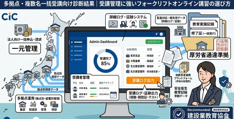 フォークリフトオンライン講習_多拠点・複数名一括受講向け診断結果|受講管理に強いフォークリフトオンライン講習の選び方