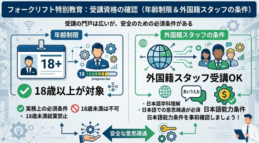 フォークリフト特別教育とは_受講資格と年齢制限|18歳未満・外国籍スタッフの取り扱い
