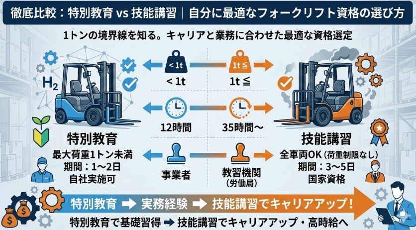 フォークリフト特別教育とは_フォークリフト特別教育と技能講習の違いは?最大荷重・日数・修了証を徹底比較