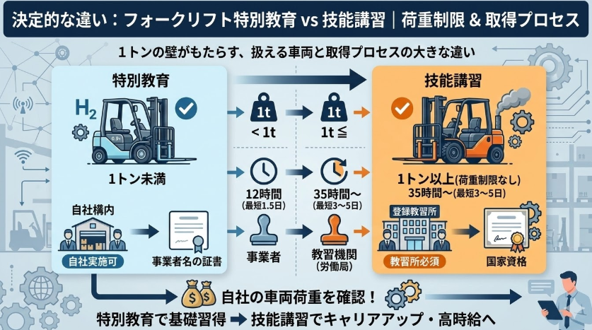 フォークリフト特別教育とは_【比較表】フォークリフト特別教育とフォークリフト運転技能講習の決定的な違い