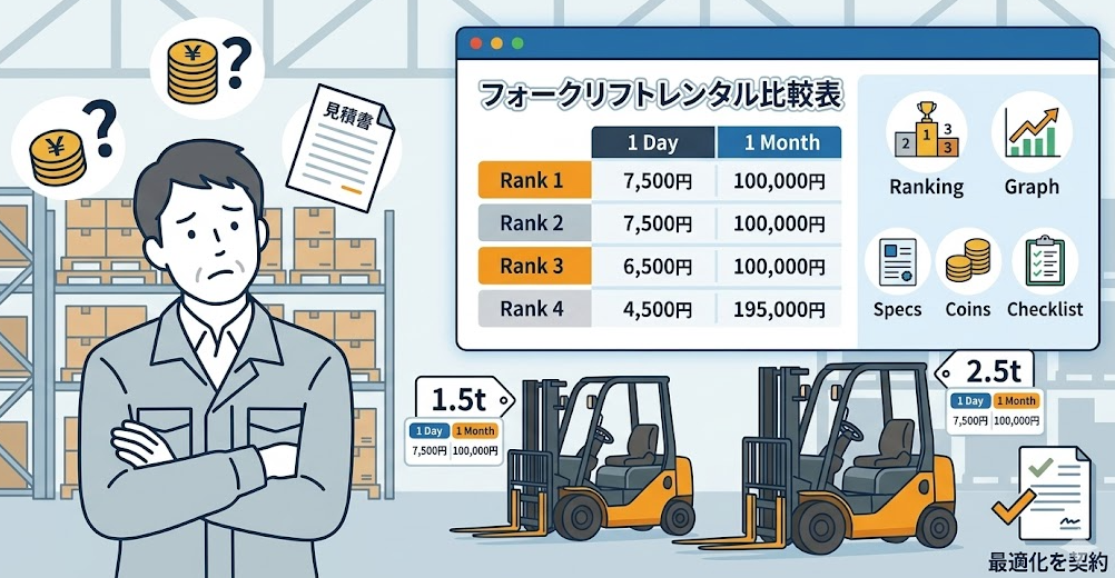 フォークリフトレンタル料金表における、人気ランキングやレンタル期間別の損益分岐点、スペック別の相場、コスト感などが気になるフォークリフト利用企業