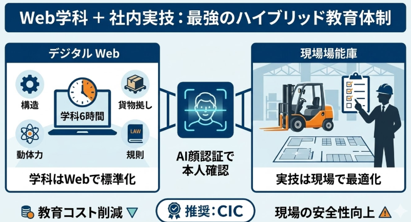 フォークリフトオンライン講習_自社実技と組む法人向け診断結果|特別教育社内運用と相性の良いWeb講座