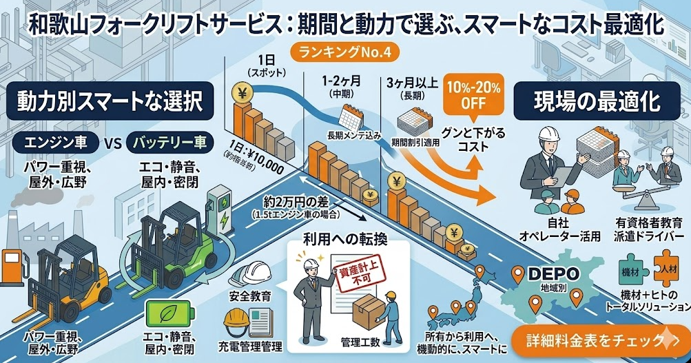 フォークリフトレンタル料金表における、ランキング4位：和歌山フォークリフトサービスのレンタル料金表｜エンジン車・バッテリー車の1日・1ヶ月相場を理解して成功したフォークリフト利用企業