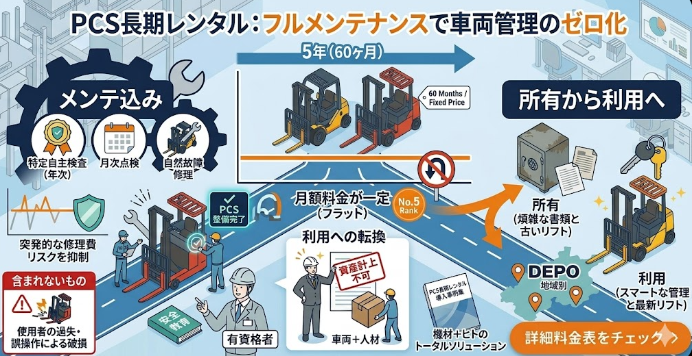 フォークリフトレンタル料金表における、ランキング5位：PCS長期レンタルのフォークリフト料金表イメージ｜メンテ込み月額と特定自主検査の範囲を理解して成功したフォークリフト利用企業