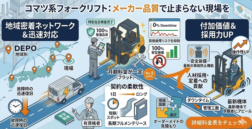 フォークリフトレンタル料金表における、ランキング5位：福島小松フォークリフト（コマツ系）のレンタル・リース料金表・サービスなどを理解して成功したフォークリフト利用企業