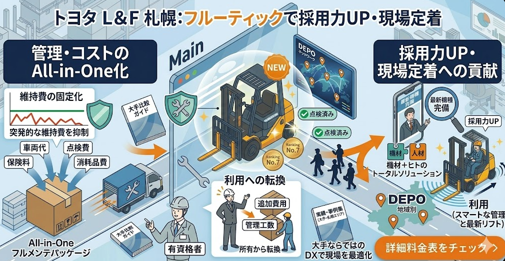 フォークリフトレンタル料金表における、ランキング7位：トヨタL&F札幌など大手のフォークリフトレンタル料金表｜最新機種・メンテ込みプランの特徴を理解して成功したフォークリフト利用企業