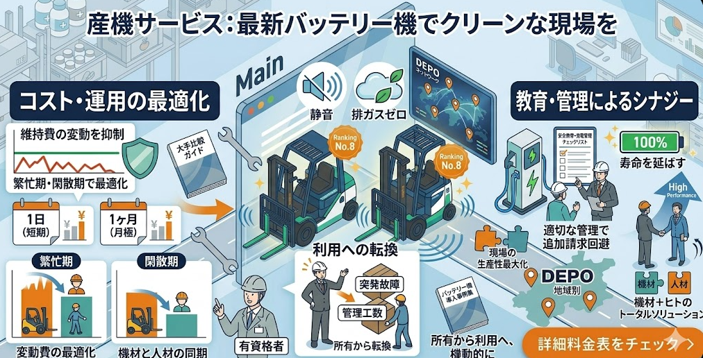 フォークリフトレンタル料金表における、ランキング8位：産機サービス（トヨタ系レンタル車）料金表｜8FBR・8FBLなど代表車種の1日・月極料金例を理解して成功したフォークリフト利用企業