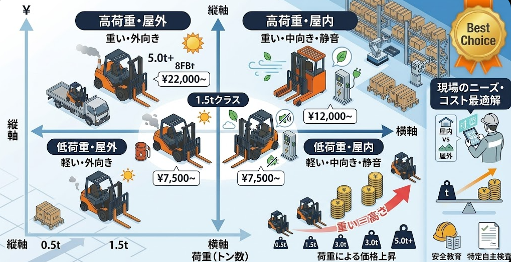 フォークリフトレンタル料金表における、スペック別（積載荷重・動力）の比較を理解して成功したフォークリフト利用企業