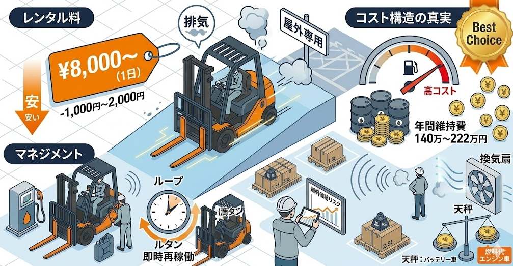 フォークリフトレンタル料金表における、エンジン式の相場｜同クラスでバッテリー式より日額がやや安い8,000円前後という点を理解して成功したフォークリフト利用企業
