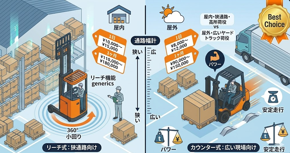 フォークリフトレンタル料金表における、フォークリフトの形状別レンタル料金相場｜作業環境に合わせた機種選びを理解して成功したフォークリフト利用企業