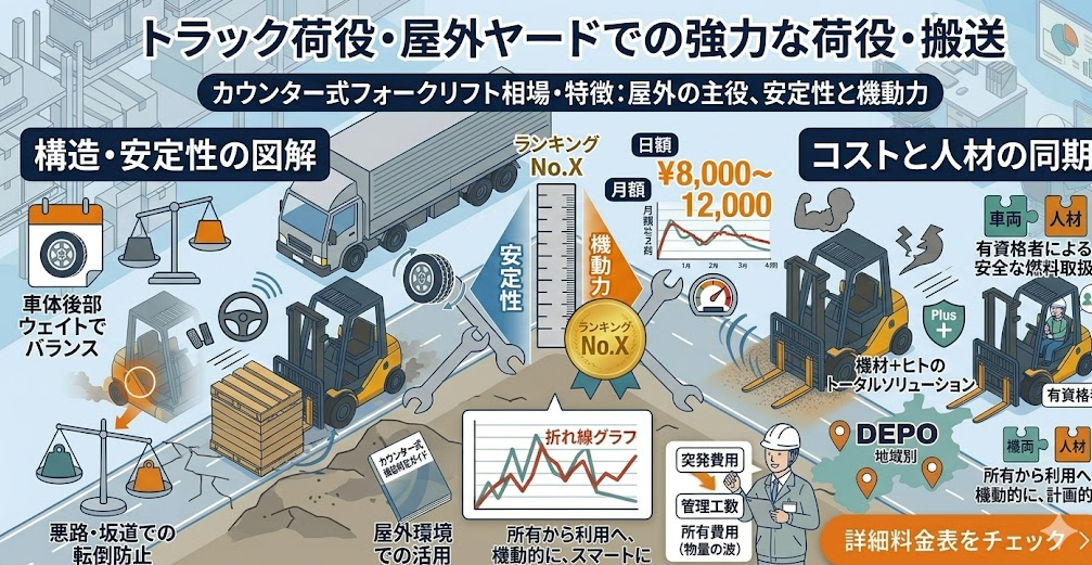 フォークリフトレンタル料金表における、カウンター式の相場｜屋外作業向け2〜3t級で日額1万前後〜やや高めであることを理解して成功したフォークリフト利用企業
