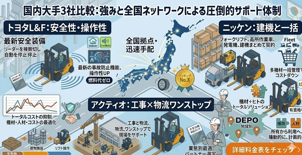 フォークリフトレンタル料金表における、大手レンタル会社（トヨタ・ニッケン・アクティオ）の料金プランと強みを理解して成功したフォークリフト利用企業