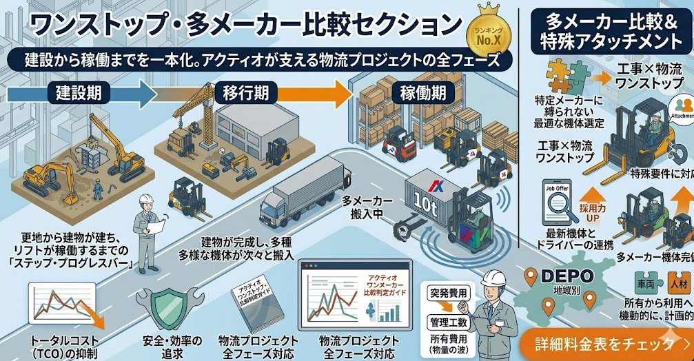 フォークリフトレンタル料金表における、フォークリフトレンタル料金アクティオの強み｜工事・物流をワンストップで任せたいときであることを理解して成功したフォークリフト利用企業