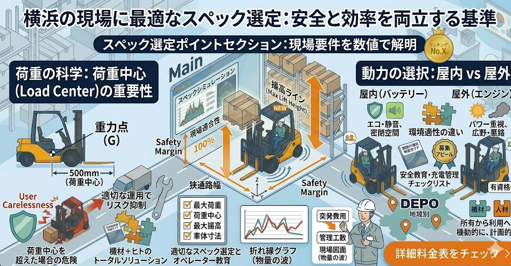 フォークリフトレンタル料金表における、比較ポイント①スペック｜最大荷重や揚高が現場作業の要件を確実に満たすかを理解して成功したフォークリフト利用企業