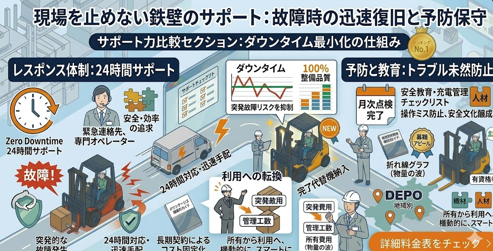 フォークリフトレンタル料金表における、比較ポイント③サポート力｜故障時の代替機提供や現場トラブルへの対応力は十分かを理解して成功したフォークリフト利用企業