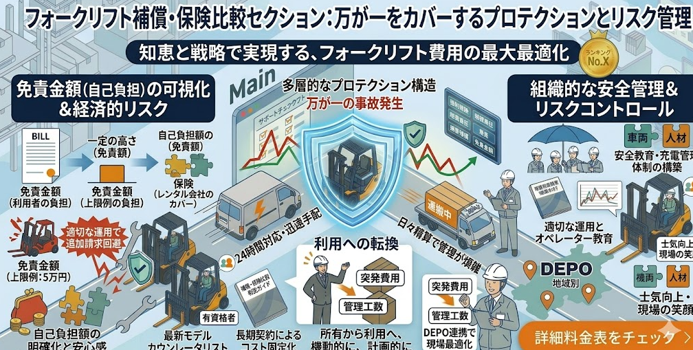 フォークリフトレンタル料金表における、●比較ポイント⑤補償｜事故時の免責金や独自のサポート制度が充実しているかを理解して成功したフォークリフト利用企業