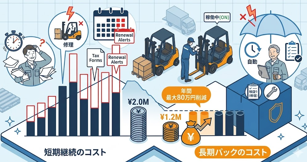 フォークリフトレンタル料金表における、料金の抑え方①長期契約にする｜月額固定で特定自主検査や維持費をパック化することを理解して成功したフォークリフト利用企業