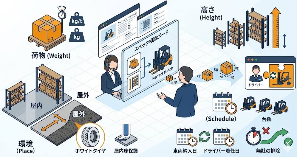 フォークリフトレンタル料金表における利用手順①、要件相談｜荷重や揚高を伝え現場に合う機種を特定を理解して成功したフォークリフト利用企業