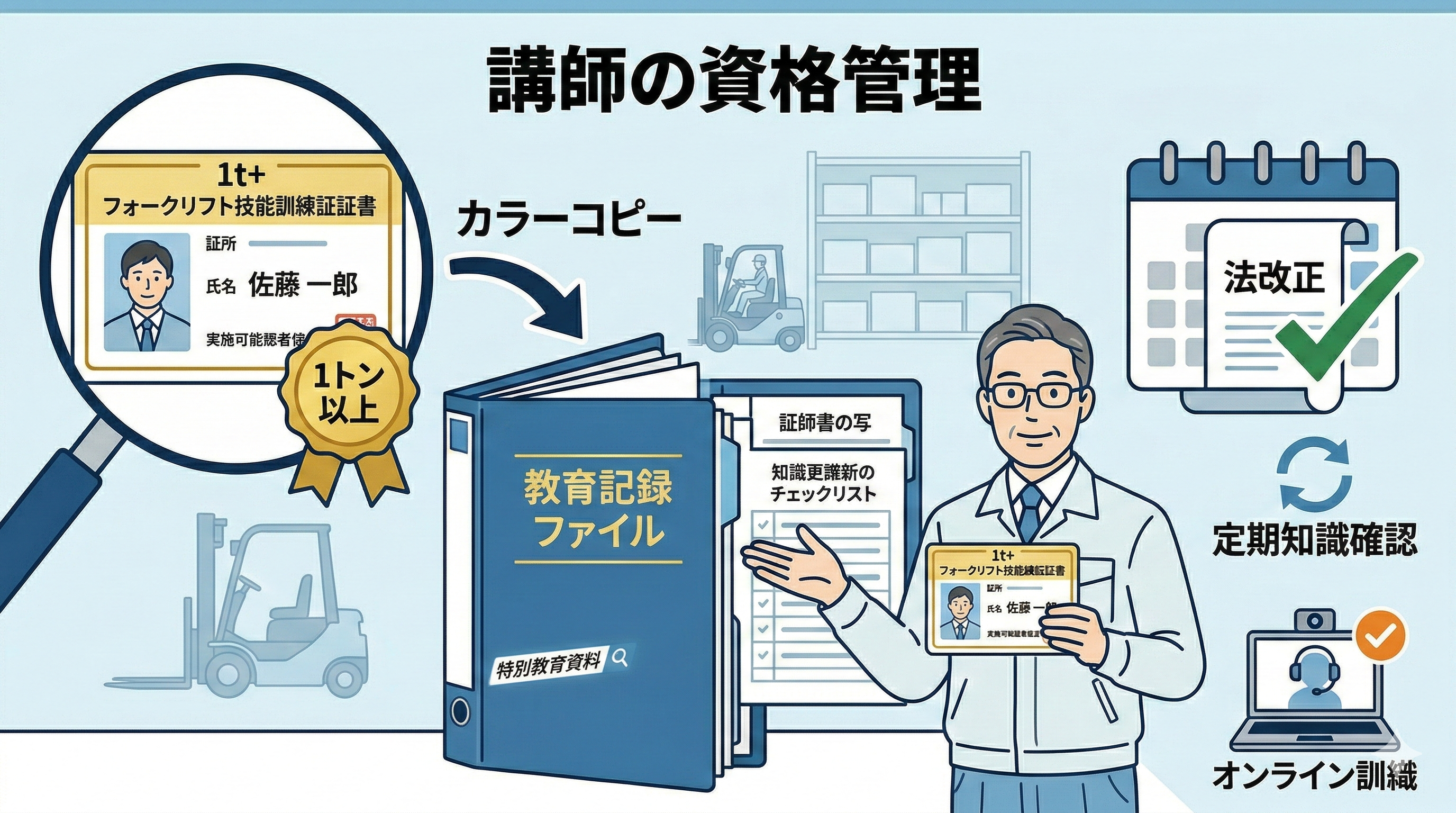 フォークリフト特別教育資料のPDF安全作業マニュアル関連の悩みである講師の資格管理・修了証について解決した企業担当者の画像