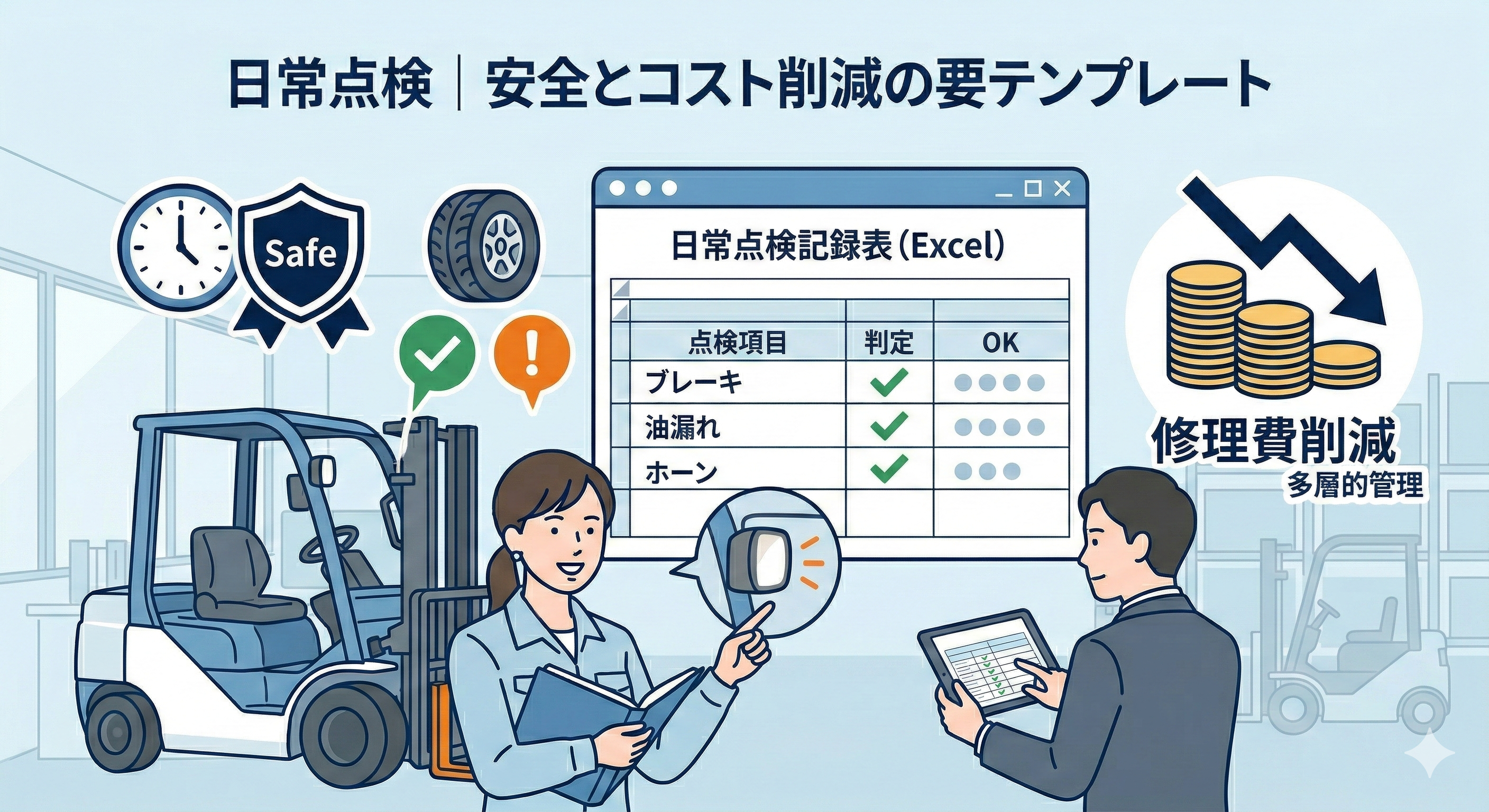 フォークリフト特別教育資料のPDF安全作業マニュアル関連の悩みである「日常点検における安全・コスト削減テンプレート」について解決した企業担当者の画像