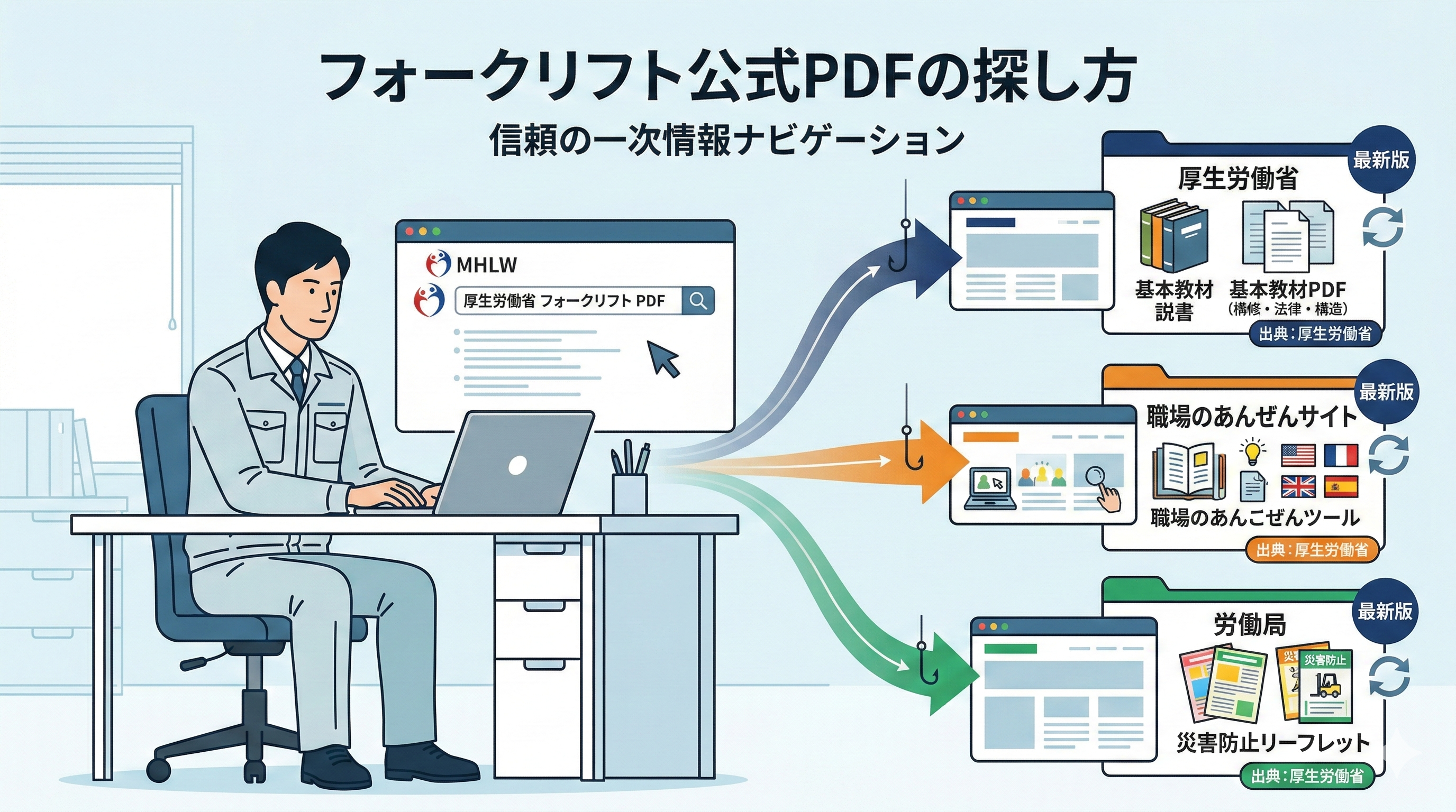 フォークリフト特別教育資料のPDF安全作業マニュアル関連の悩みである「フォークリフト特別教育資料の公式PDF資料の探し方」について解決した企業担当者の画像