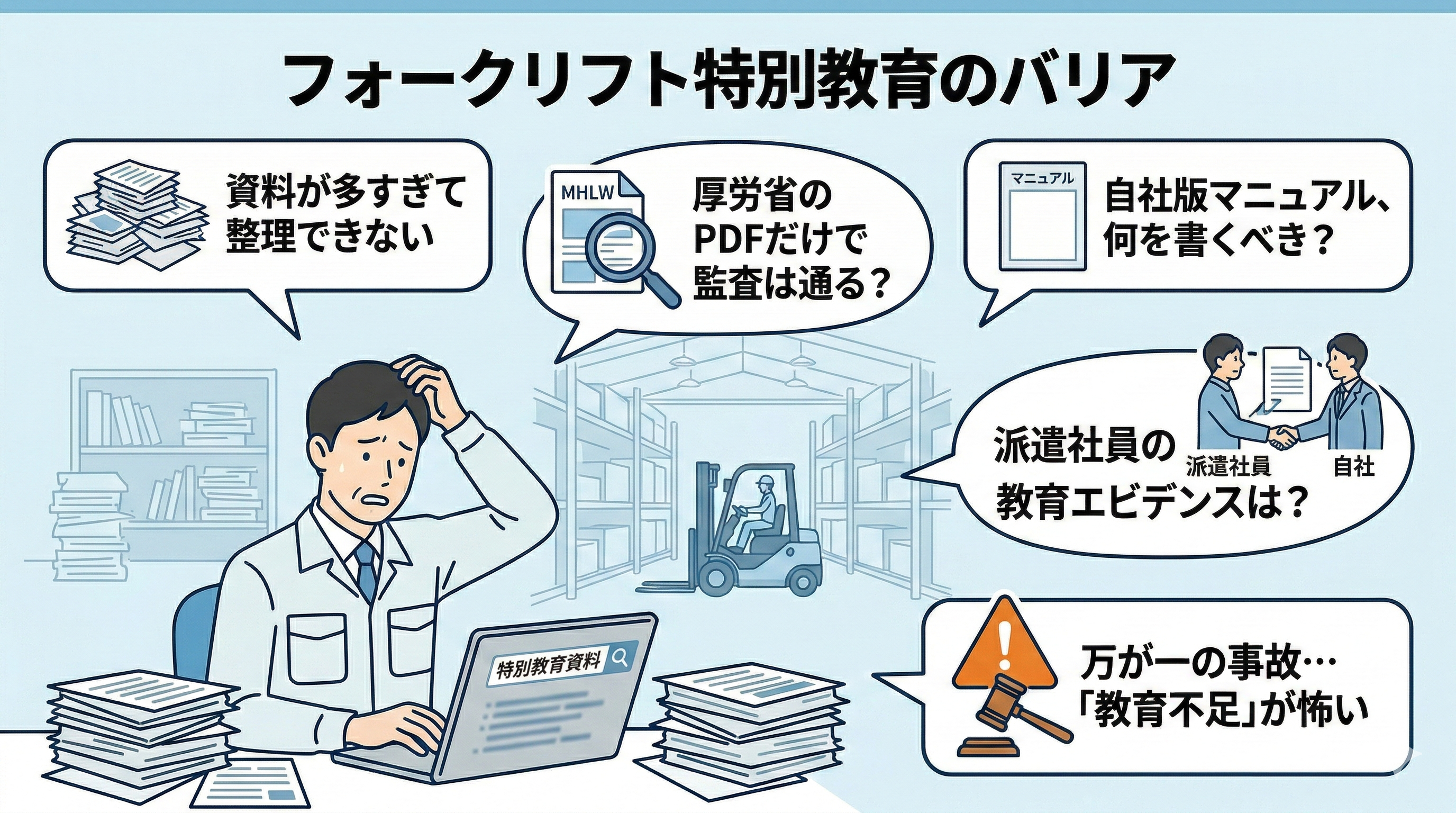 フォークリフト特別教育資料のPDF安全作業マニュアルの悩みを解決したい企業担当者の具体的な課題の画像