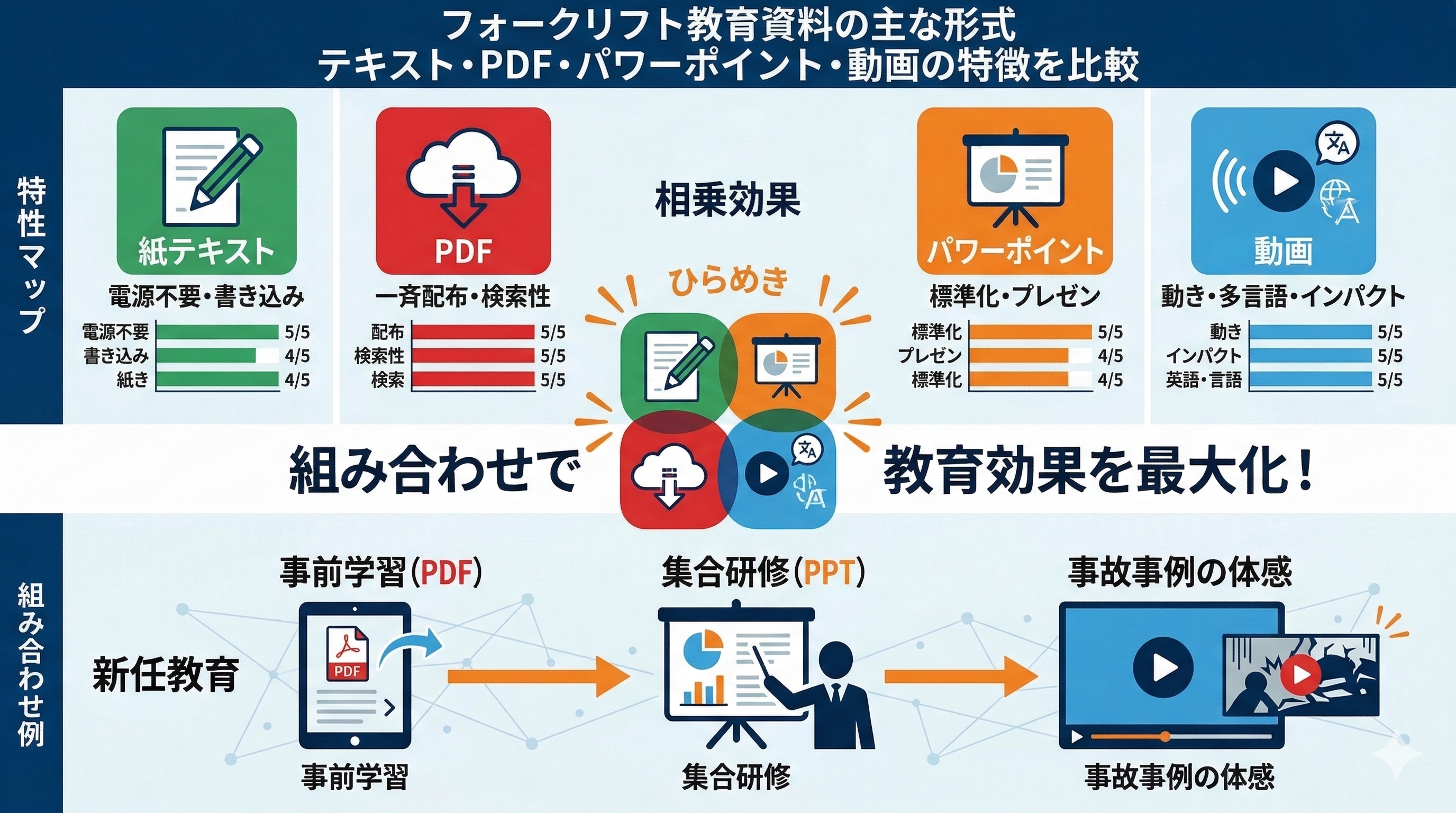 フォークリフト社内教育資料_厚生労働省・PDF・動画・パワーポイントなどで事故0にする方法_フォークリフト教育資料の主な形式を比較
