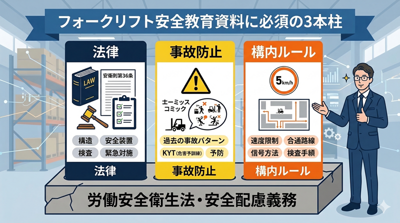 フォークリフト社内教育資料_厚生労働省・PDF・動画・パワーポイントなどで事故0にする方法_押さえるべき内容である法律・事故防止・構内